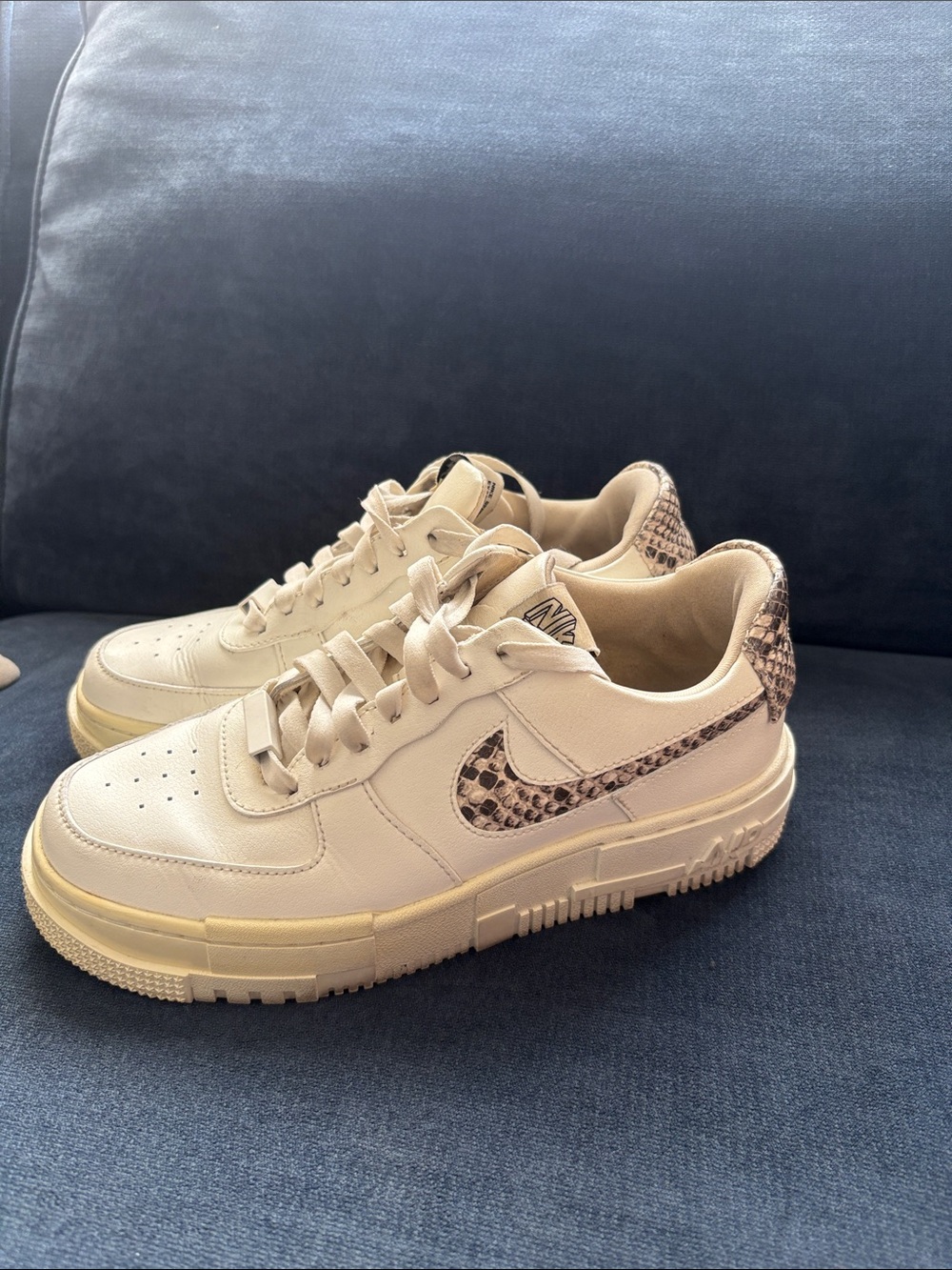 Nike Women's Cream Leather Sneakers with Snake-Print Swoosh